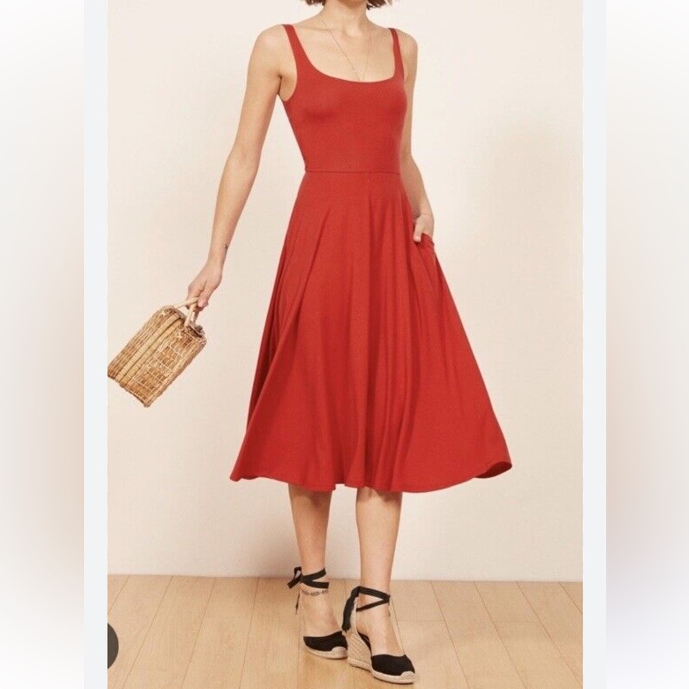 NEW Reformation Fit Flare Midi Tank Rou Knit Dress Pockets